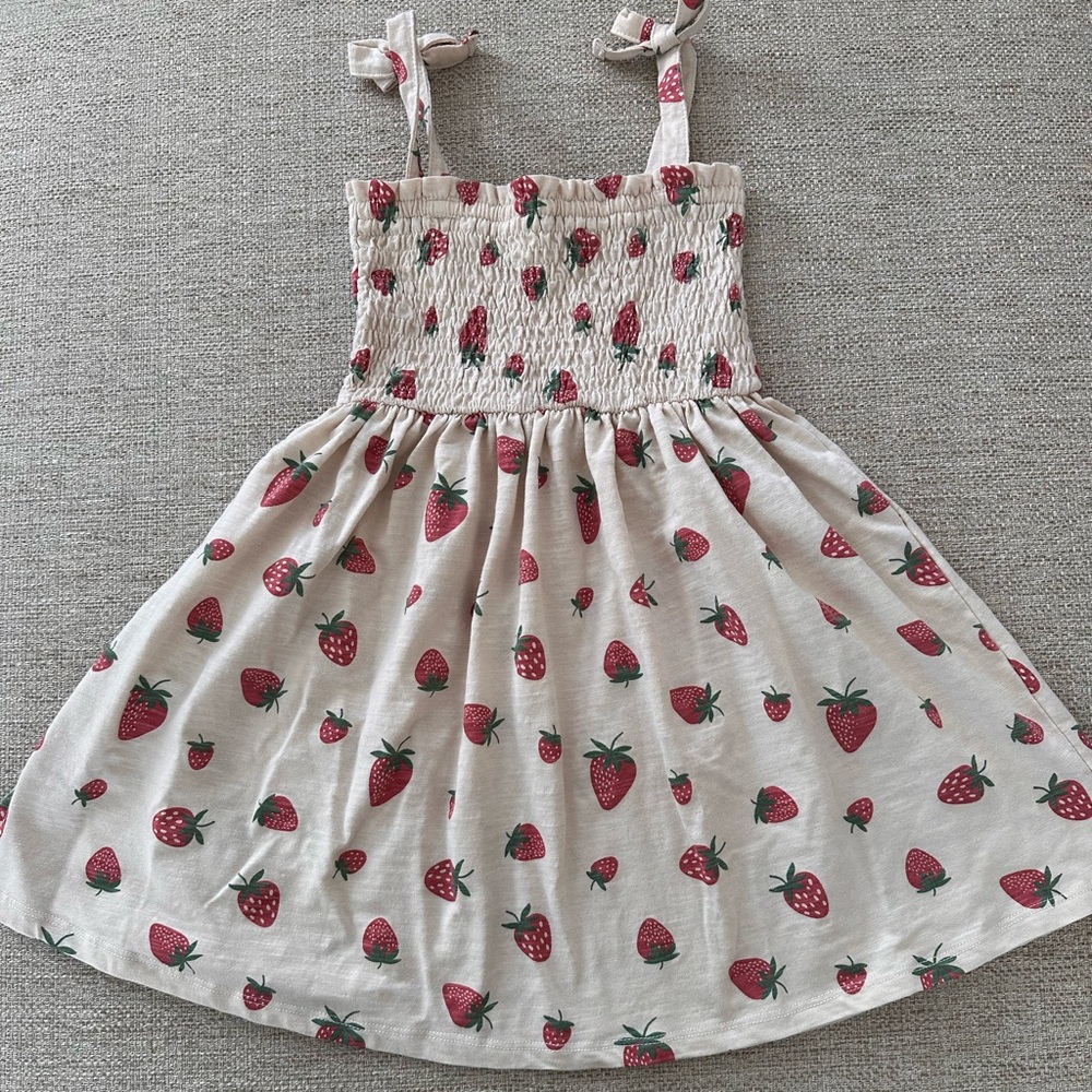 Rabbit + Bear Strawberry Print Smocked Organic Dress